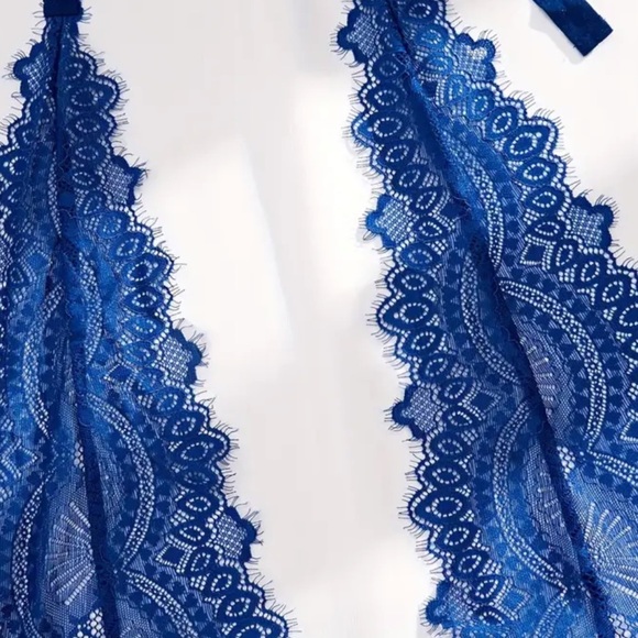 Royal Blue Lacey Deep V Halter Teddy - Picture 3 of 6